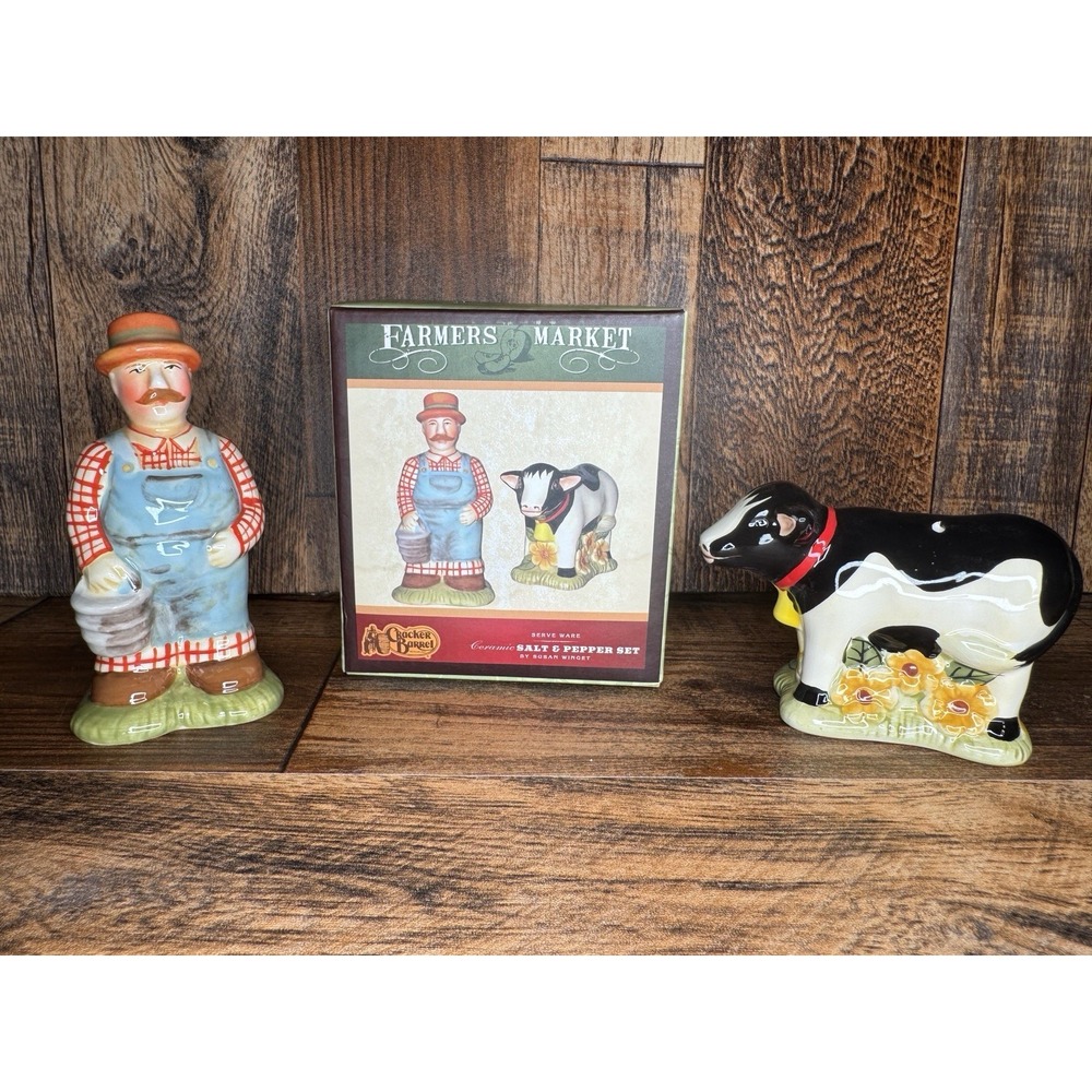 Cracker Barrel Salt Pepper Shakers Farmer‎ Cow Ceramic Farmhouse Country Set